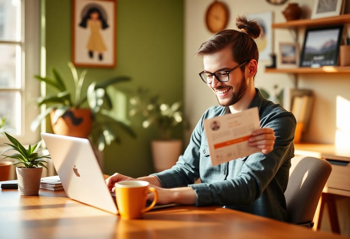 Customer at a desk opening an email with a paper flyer attached